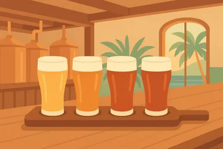 Stylized illustration of a craft beer flight on a wooden paddle inside a Maui brewpub with brewing tanks and tropical plants in the background.