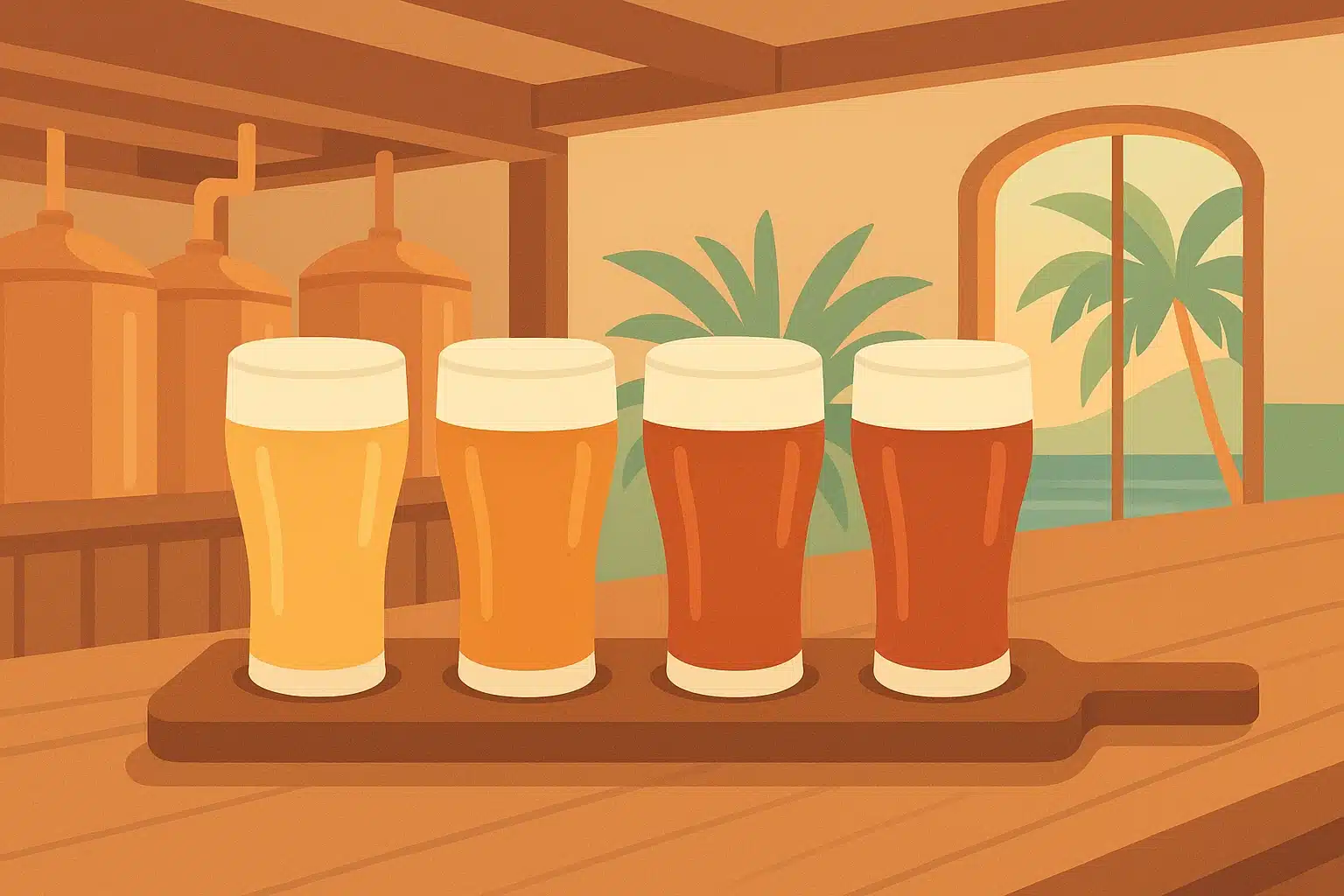 Stylized illustration of a craft beer flight on a wooden paddle inside a Maui brewpub with brewing tanks and tropical plants in the background.