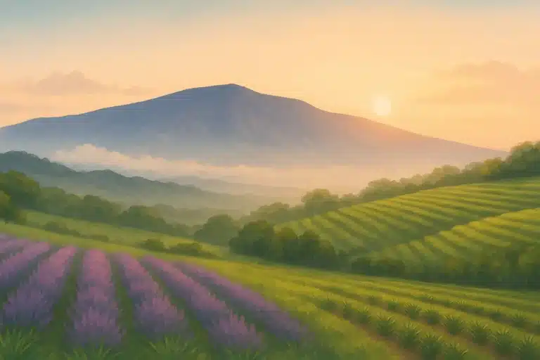 Upcountry Maui sunrise with Haleakalā’s flat summit, lavender fields, and pineapple terraces