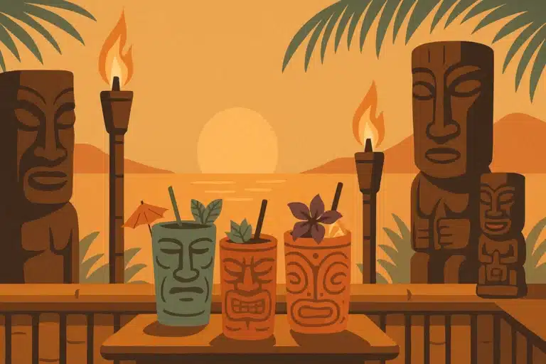 Tiki bar at sunset with carved tiki statues, glowing torches, and colorful tiki mugs.