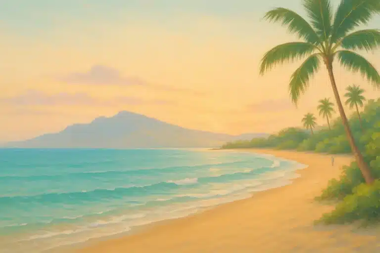 Wailea Beach at sunrise with golden sand, turquoise water, and palm trees
