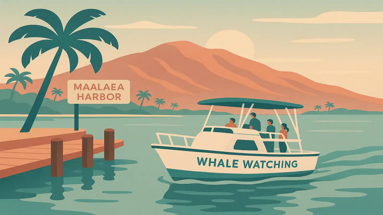 Illustrated whale watching tour boat leaving Maalaea Harbor at sunrise in tropical Maui style