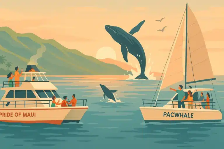 Illustration of Pride of Maui and PacWhale whale watching boats leaving Maʻalaea Harbor at sunrise with whales breaching