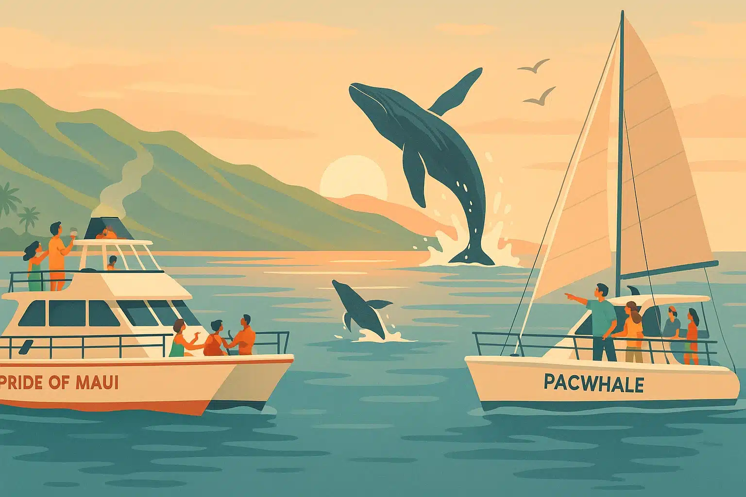 Illustration of Pride of Maui and PacWhale whale watching boats leaving Maʻalaea Harbor at sunrise with whales breaching