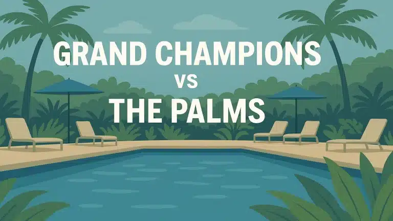 Tropical pool illustration with bold white text reading “Grand Champions vs The Palms at Wailea”