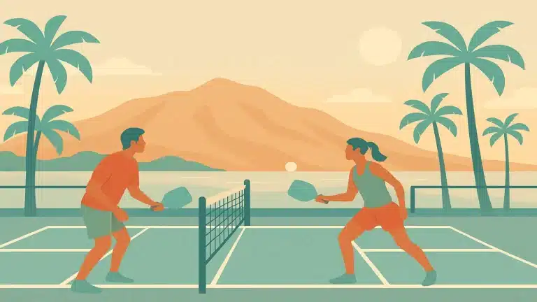 outdoor pickleball game with tropical Maui mountains and palm trees