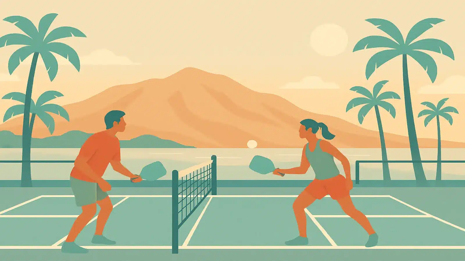 outdoor pickleball game with tropical Maui mountains and palm trees