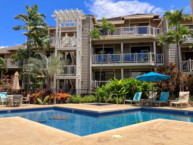 Grand Champions Villas building and pool deck in Wailea, Maui