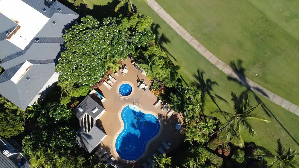 Aerial view of the rounded quiet pool and hot tub at Grand Champions Wailea