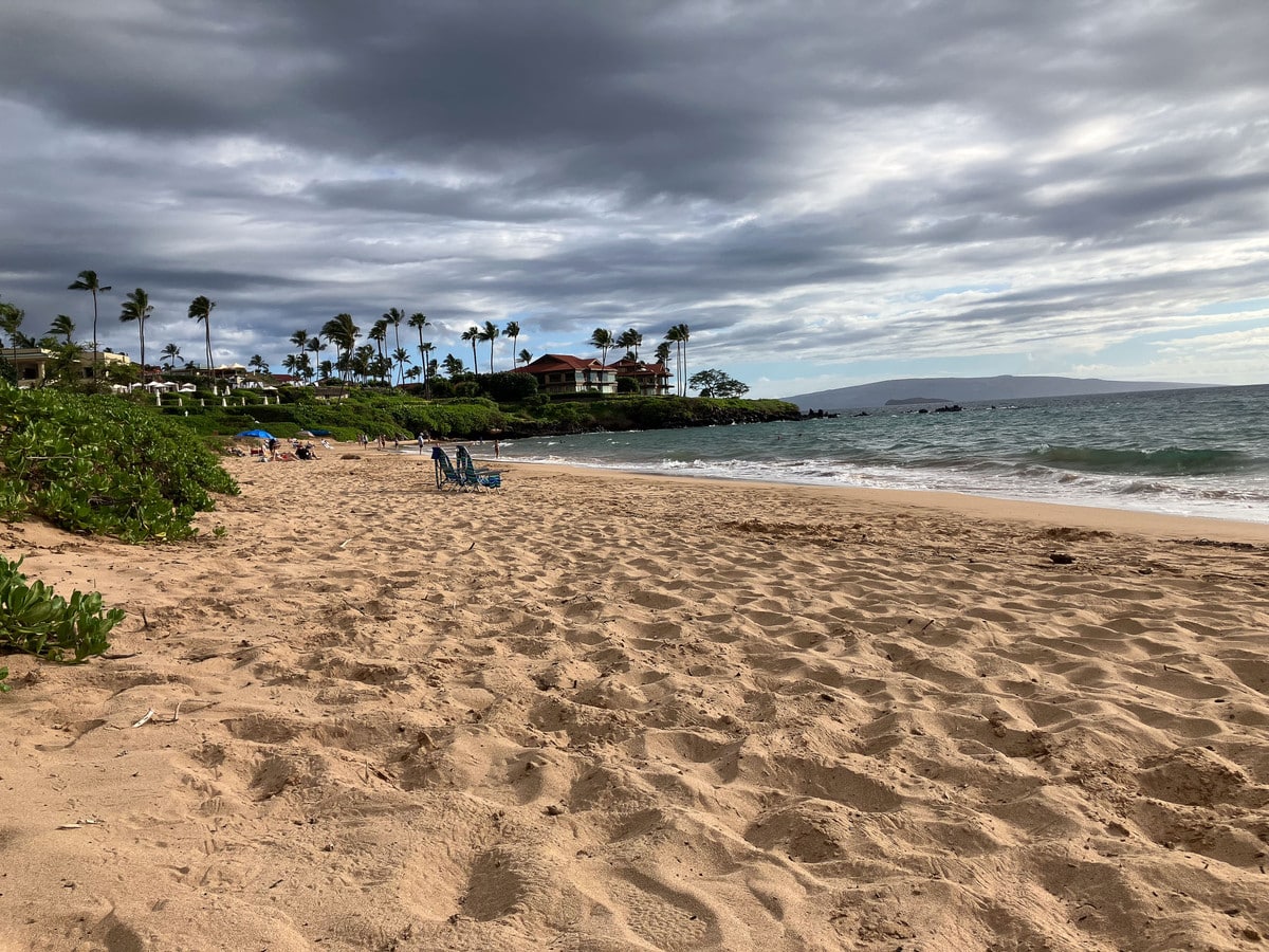 Wailea Beach on Maui under heavy gray clouds
