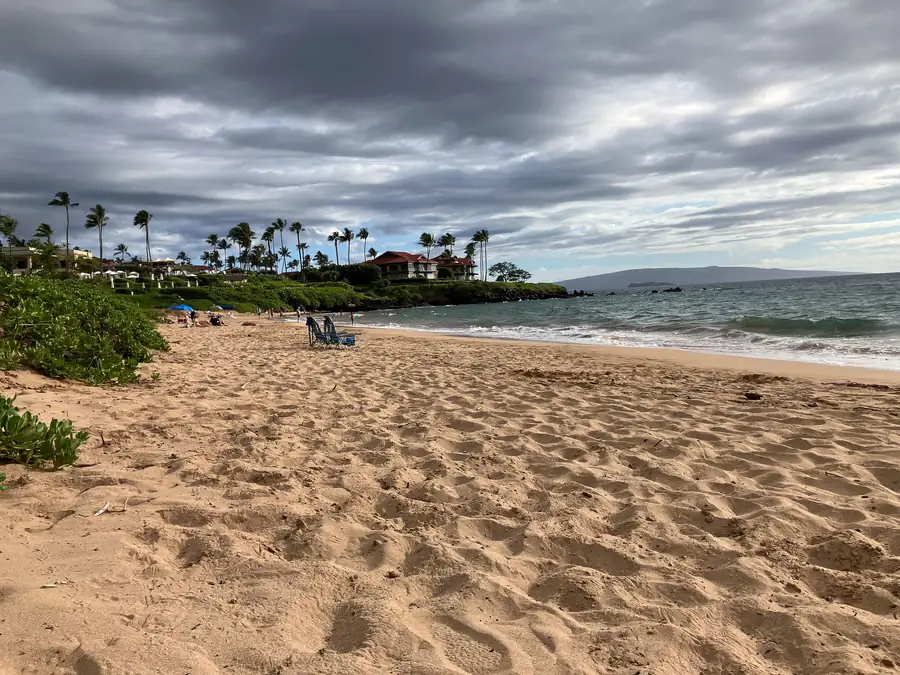 Wailea Beach on Maui under heavy gray clouds