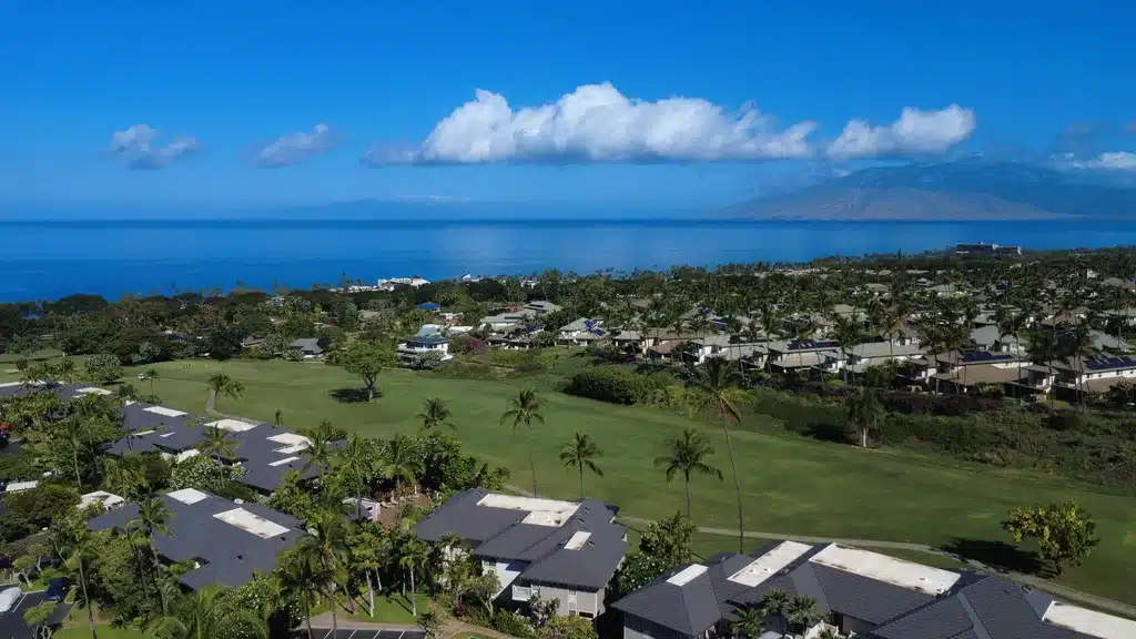 Aerial view of Wailea, the South Maui coast and the West Maui Mountains on a clear day