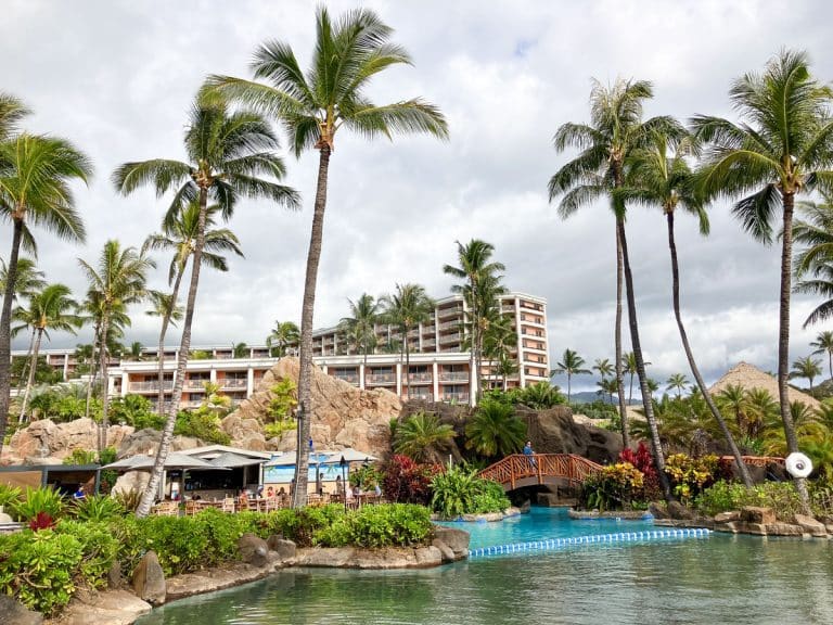 Wailea resort pool with rope bridge, palms and lava rock landscaping