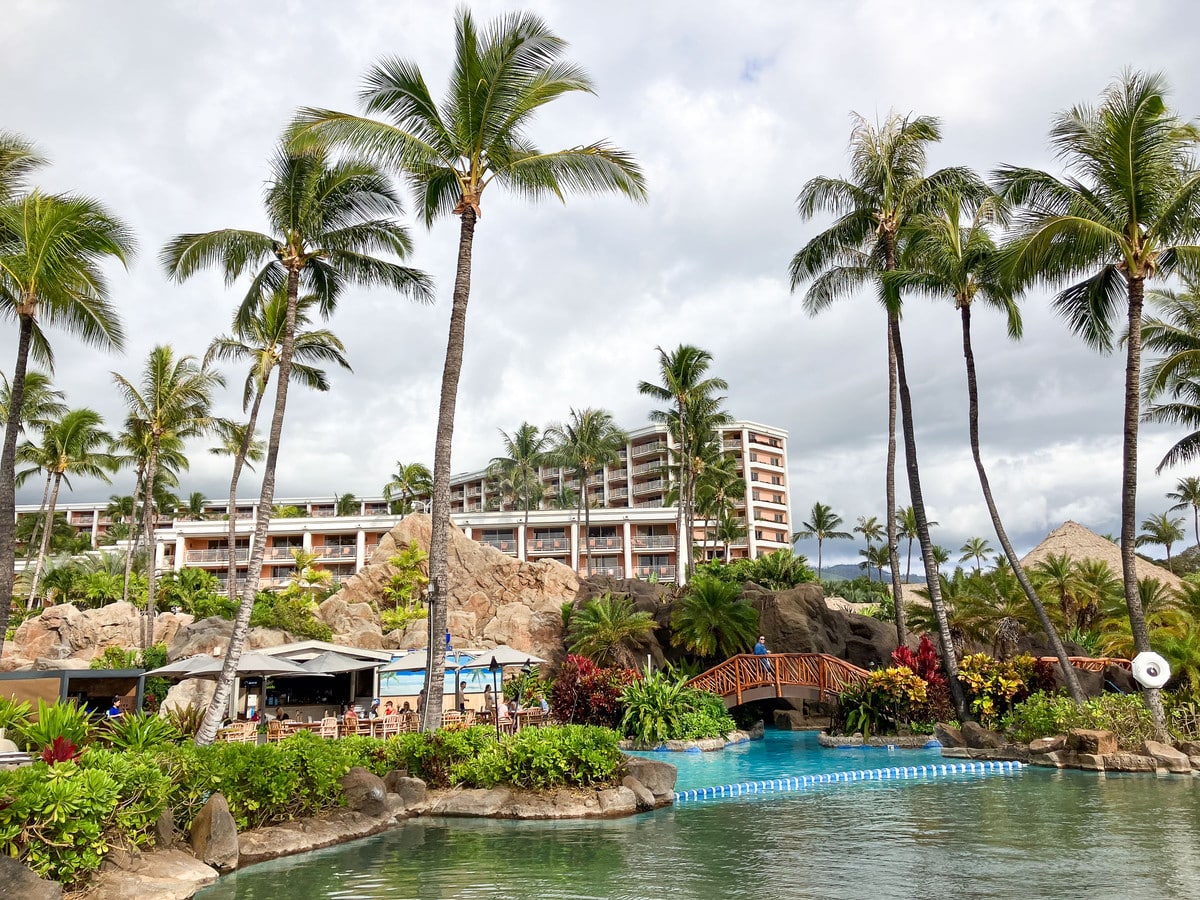 Wailea resort pool with rope bridge, palms and lava rock landscaping